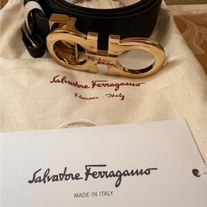 Salvatore Ferragamo Reversible Black and Pink Belt with Gold Buckle